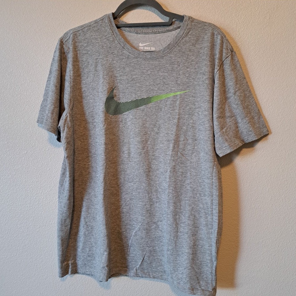 Nike Mens Dri-FIT Athletic Cut Graphic T-Shirt Gray Green Swoosh Large L